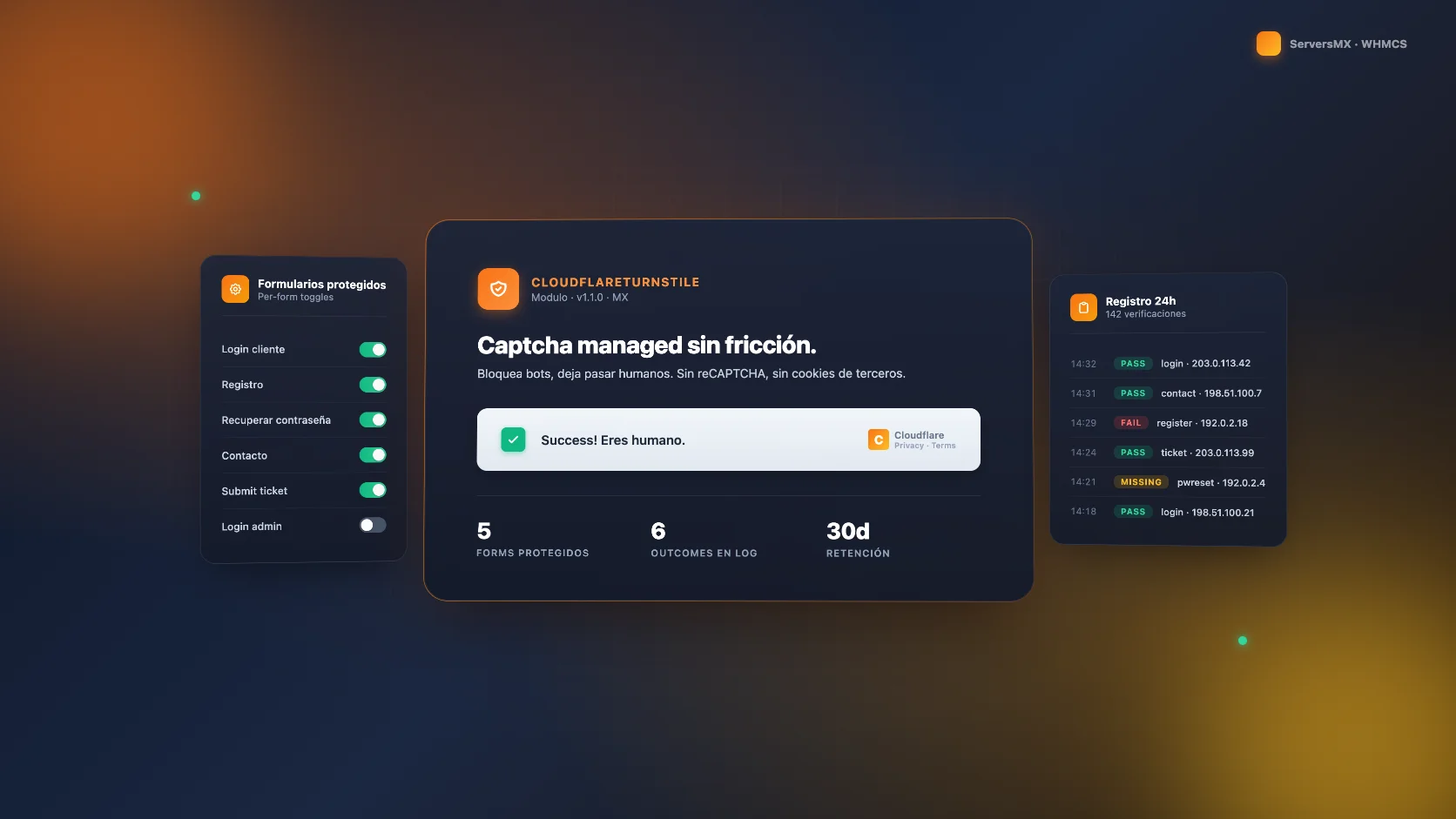 Visual del módulo Cloudflare Turnstile Captcha para WHMCS