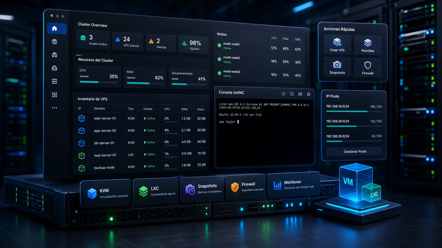 Visual del módulo Proxmox VPS Suite para WHMCS