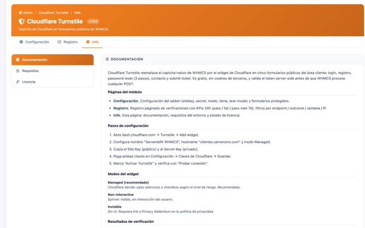 Documentación, requisitos del entorno y estado de la licencia en tres sub-pestanas.
