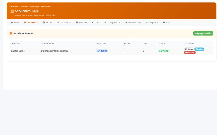 Clusters Proxmox VE conectados con autenticación API token.