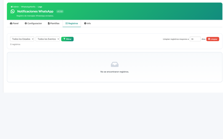 Registro de mensajes con filtros, fallos y limpieza automática.