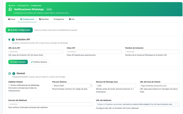 Configuracion de Evolution API, instancia, delays y país por defecto.